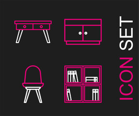 Set line Shelf with books, Chair, Chest of drawers and Office desk icon. Vector