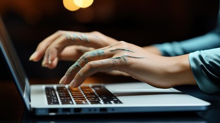 Close-up of female hands with tattoos using laptop at table in cafe. Freelancer concept with a copy space.