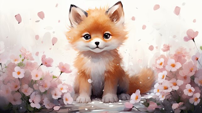 Cute kawaii fox with Flowers