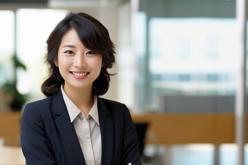 Young confident smiling Asian business woman leader, successful entrepreneur, elegant professional company executive ceo manager, wearing suit standing in office