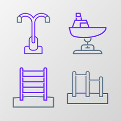 Set line Horizontal bar, Swedish wall, Swing boat and Street light icon. Vector