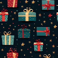 Seamless pattern of Christmas gifts, ornament, textured gift boxes with bows.