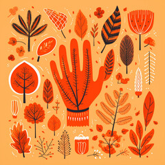 hand drawn flat autumn on an orange background