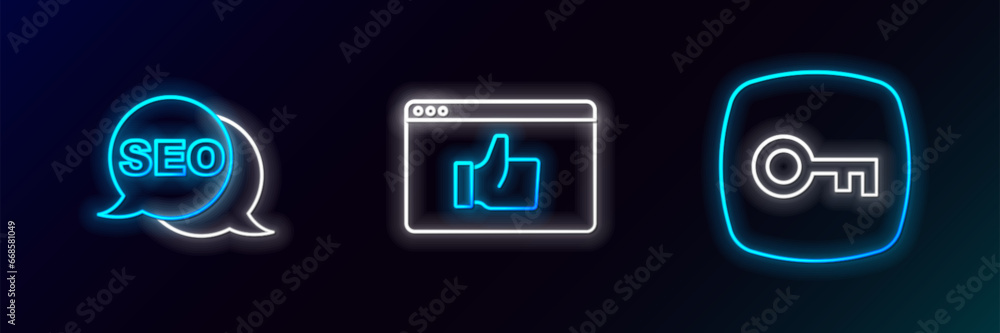 Poster set line key, seo optimization and customer product rating icon. glowing neon. vector
