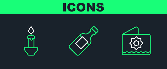 Set line Octagonal star, Burning candle and Bottle of water icon. Vector