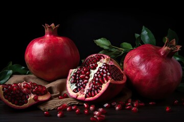 Half juicy ripe pomegranate on dark background. Generative AI