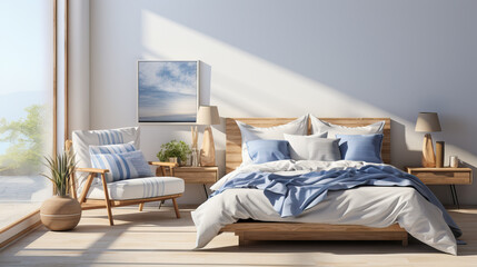 Swedish minimalist bedroom with ceramic walls, bed with blue and white checkered duvet.  - obrazy, fototapety, plakaty
