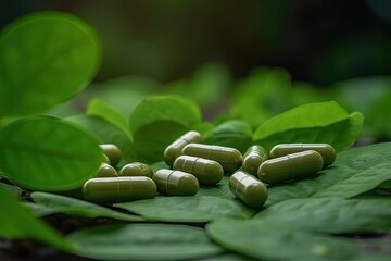 Green capsules of medicines, vitamins and dietary supplements on the grass. Generative AI