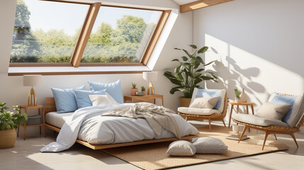 Swedish minimalist bedroom with ceramic walls and large windows.
