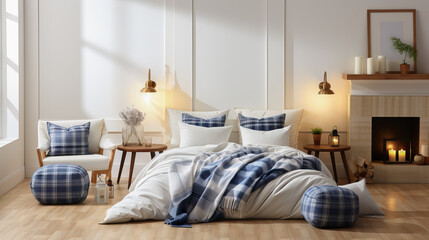 Modern minimalist bedroom  bed with blue and white checkered duvet. 