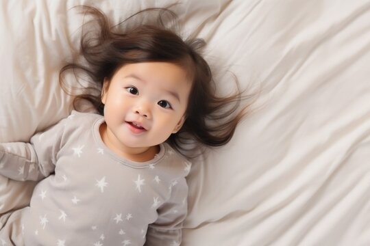 From above photo of cute Asian baby lying on bed and looking at camera.
