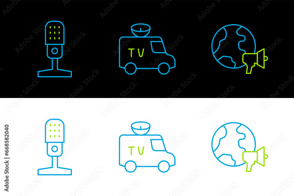 Wall mural set line world news, microphone and tv news car icon. vector