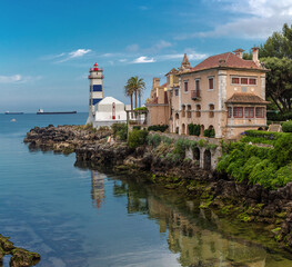 Fototapeta na wymiar Santa Marta lighthouse and museum and Casa de Santa Maria museum in Cascais, Portugal.