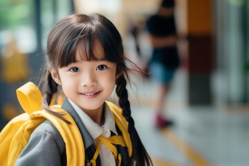 Little asian girl going to school