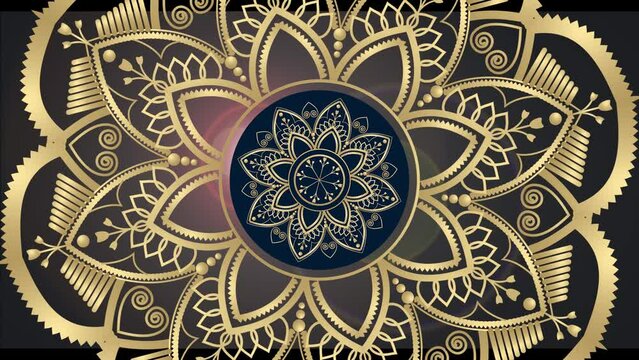 Gold and dark black mandala ornament background looping smoothly, arabic islamic style for any purpose. Abstract ornamental digital gold color mandala. Floral vintage decorative elements oriental