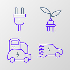 Set line Electric car, saving plug in leaf and icon. Vector