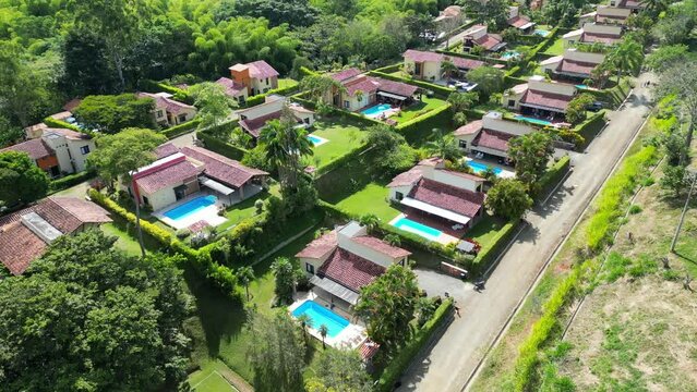 Aerial view of fincas with pools next to Panaca in Quindio Colombia