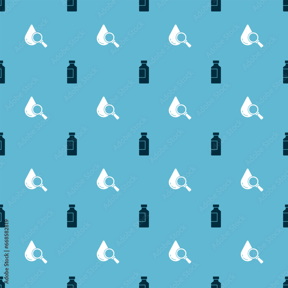 Poster set bottle of water and drop and magnifying glass on seamless pattern. vector
