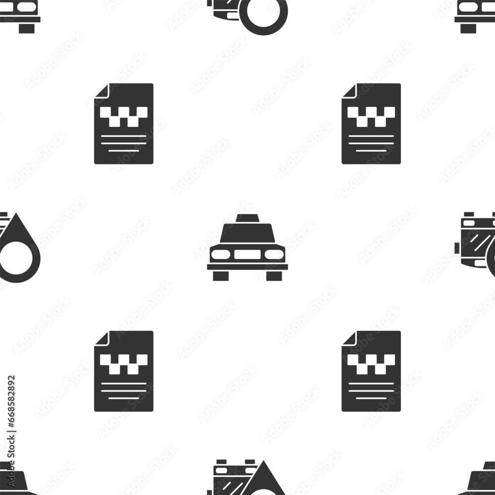 Poster set location with bus, taxi car and driver license on seamless pattern. vector