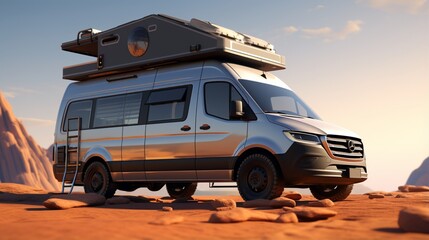 A modern luxury camper van with a rooftop observatory and panoramic windows.