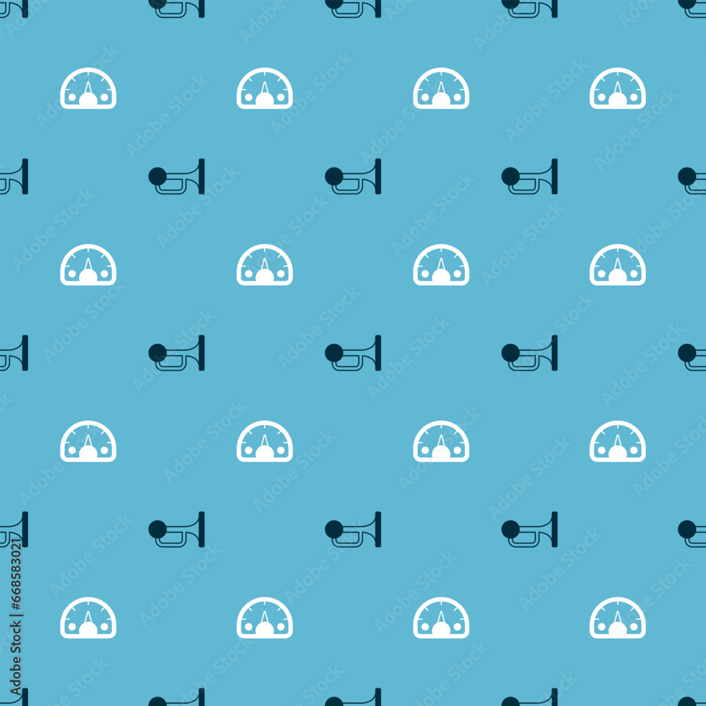 Poster set signal horn on vehicle and speedometer on seamless pattern. vector