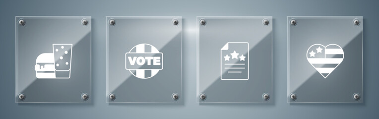 Set USA Independence day, Declaration of independence, Vote and Burger. Square glass panels. Vector