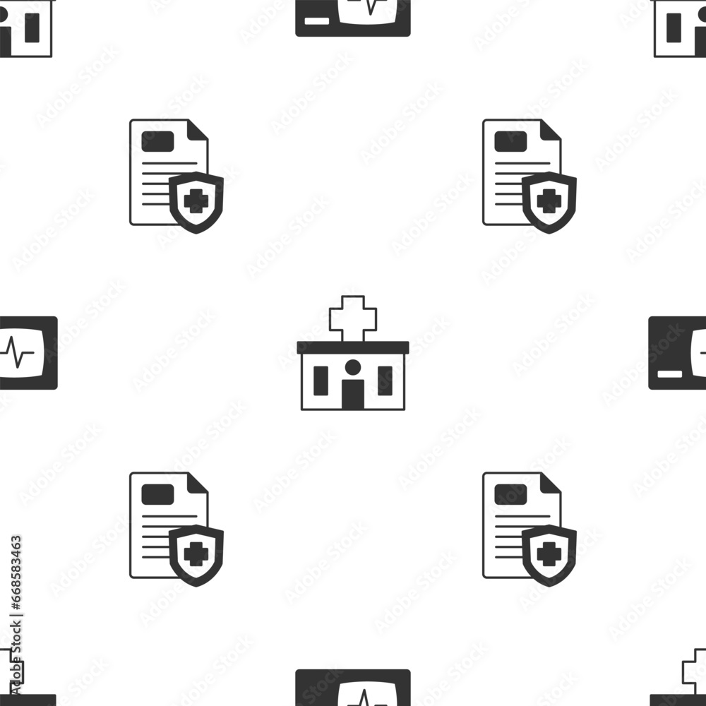 Poster set monitor with cardiogram, hospital building and patient record on seamless pattern. vector