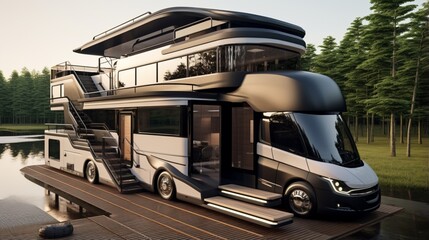 A modern luxury motorhome with a rooftop garden and sleek lines. - obrazy, fototapety, plakaty