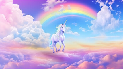 Holographic fantasy rainbow unicorn background with clouds. Pastel color sky. Magical. generative ai