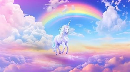 Foto op Canvas Holographic fantasy rainbow unicorn background with clouds. Pastel color sky. Magical. generative ai © Witri