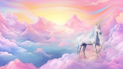 Obraz na płótnie Canvas Holographic fantasy rainbow unicorn background with clouds. Pastel color sky. Magical. generative ai