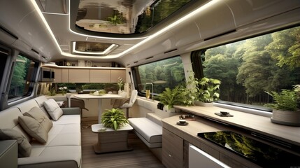 A modern luxury motorhome with a rooftop garden and sleek lines.