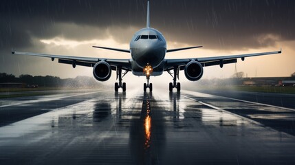 Rainy Runway Arrival: Aircraft Landing at the Airport in Wet Weather