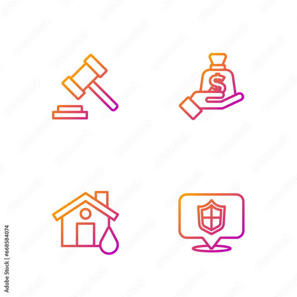 Poster set line location shield, house flood, judge gavel and money in hand. gradient color icons. vector
