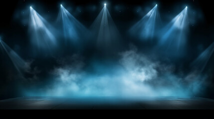 Illuminated stage with scenic lights smoke. Blue concert lighting a dark background. generative ai - obrazy, fototapety, plakaty
