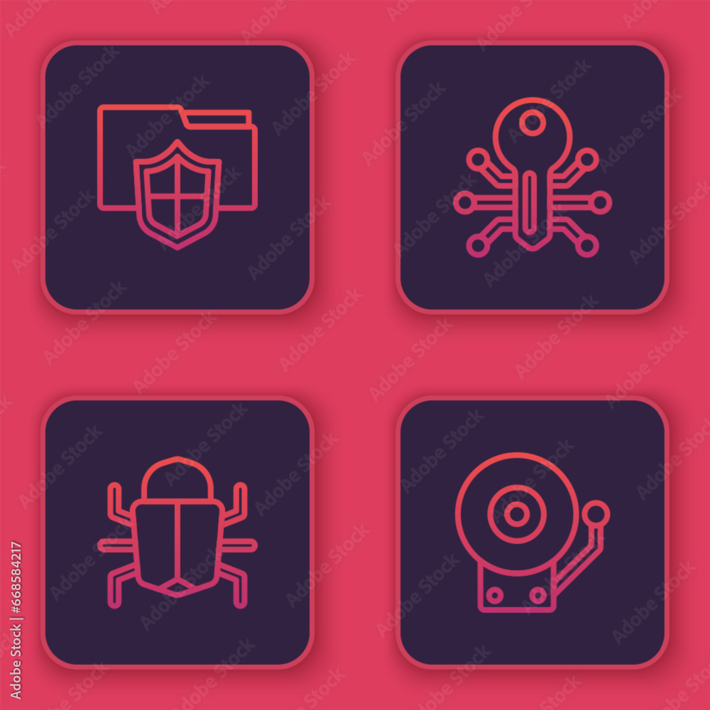 Poster set line document folder protection, system bug, smart key and ringing alarm bell. blue square butto