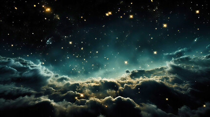 Fototapeta na wymiar Cosmic Dance Above: Stars Twinkle and Clouds Drift in Ethereal Midnight Sky's Symphony