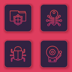 Set line Document folder protection, System bug, Smart key and Ringing alarm bell. Blue square button. Vector