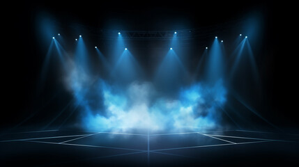 Illuminated stage with scenic lights and smoke. Blue spotlight with smoke light effect generative ai