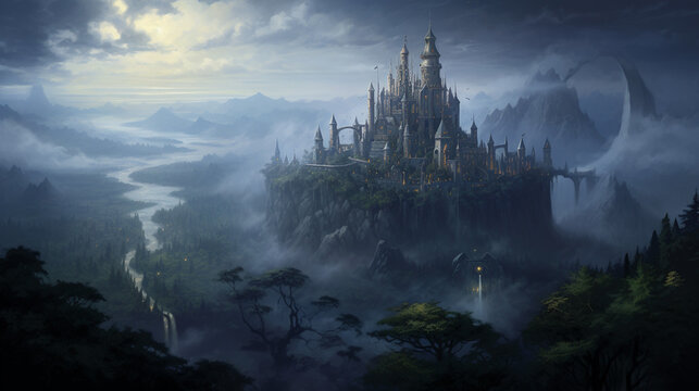 Fototapeta illustration painting castle fantasy forest adventure fog. landscape is castles fog. generative ai
