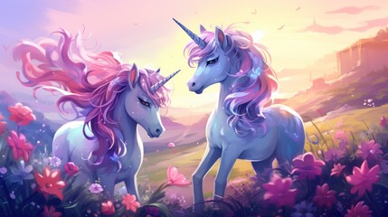 Naklejka na ściany i meble Beautiful illustration of two unicorns.