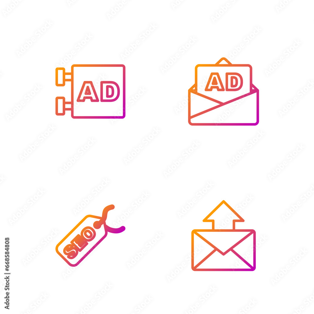 Poster set line mail and e-mail, seo optimization, advertising and . gradient color icons. vector