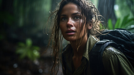 Young woman trekking natural in the rain forest