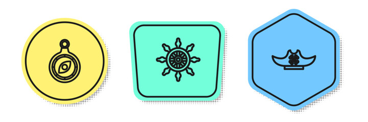 Set line Compass, Ship steering wheel and Pirate hat. Colored shapes. Vector