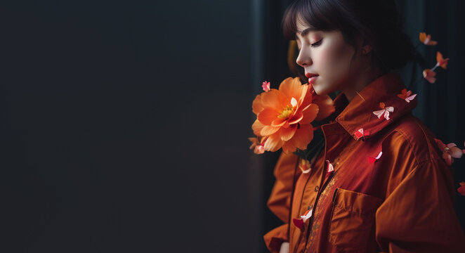 A woman in an orange cotton jacket with an orange big flower. Generative AI.