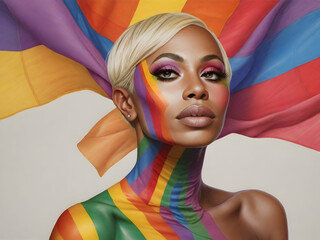 Portrait of beautiful woman with rainbow makeup and rainbow flag on her face.generated with ai - obrazy, fototapety, plakaty