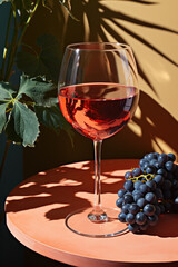 A glass of wine and a bunch of grapes stands on a table in the sunlight