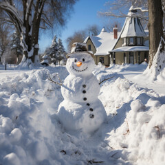 Naklejka premium Snowman in a winter landscape, AI generated