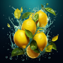 Large colorful lemons surrounded by leaves with blown water droplets and vibrant colours
