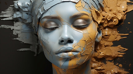Fashion portrait of a woman with blue and yellow make-up like sculpture. Wallpaper, illustration, background.